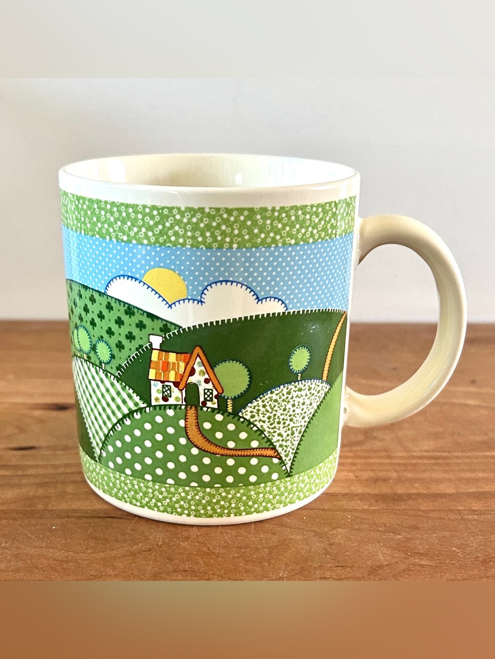 VTG Otagiri Patchwork Folk Art Country Scene Mug Gibson Greeting Card Inc Japan